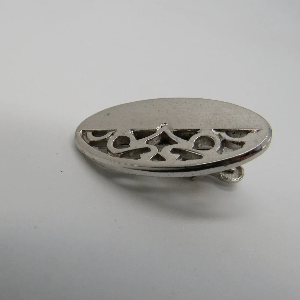 Vintage Silver Tone Oval Filigree Tie Clip Openwork Scroll Design Alligator Bar